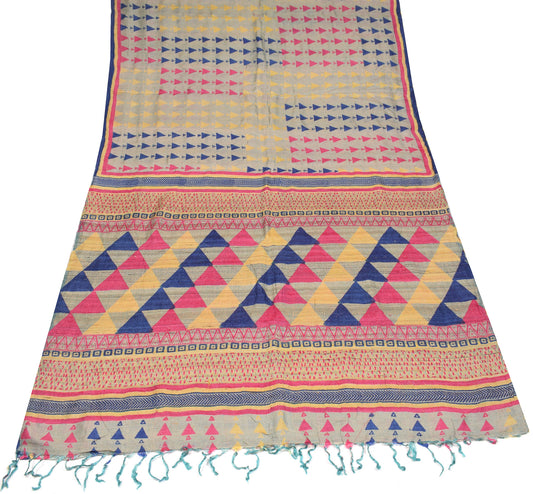 Sushila Vintage Pure Khadi Silk Saree Hand Printed Multi-Color Sari Craft Fabric