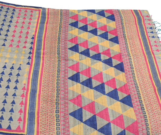Sushila Vintage Pure Khadi Silk Saree Hand Printed Multi-Color Sari Craft Fabric