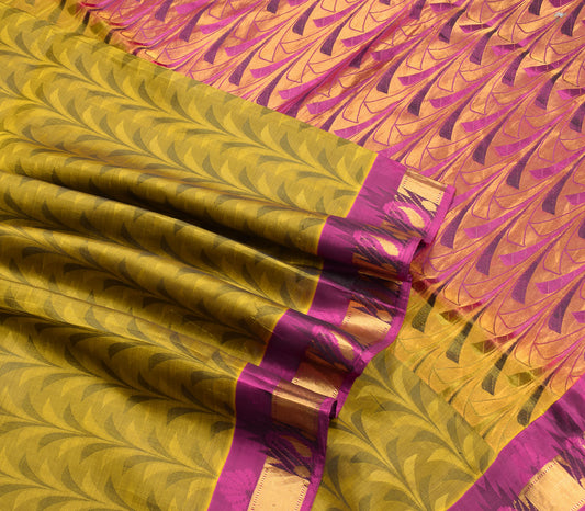 Sushila Vintage Pure Silk Saree Woven Brocade Green Magenta Sari Craft Fabric