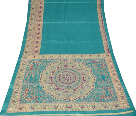 Sushila Vintage Printed Madhubani Saree Art Silk Teal Green Sari Craft Fabric