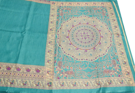Sushila Vintage Printed Madhubani Saree Art Silk Teal Green Sari Craft Fabric