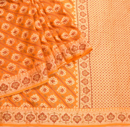 Sushila Vintage Orange Saree Pure Tussar All Over Woven Floral Zaal Sari Fabric
