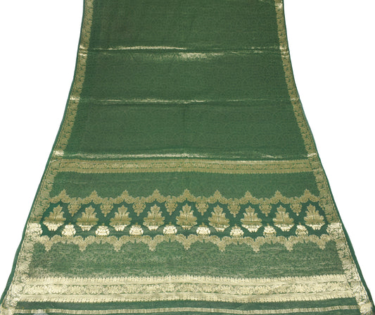 Sushila Vintage Handloom Green Saree Pure Georgette 6YD Zari Brocade Sari Fabric