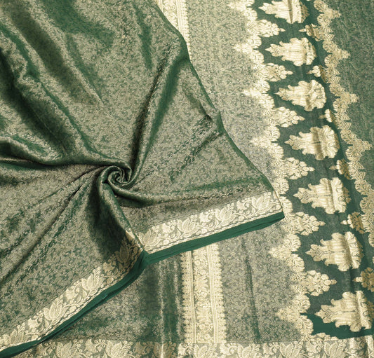 Sushila Vintage Handloom Green Saree Pure Georgette 6YD Zari Brocade Sari Fabric