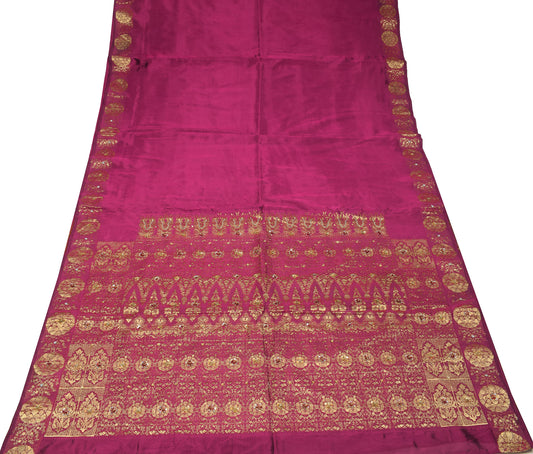 Sushila Vintage Magenta Saree Pure Silk Gold Zari Brocade 6Yard Sari Fabric