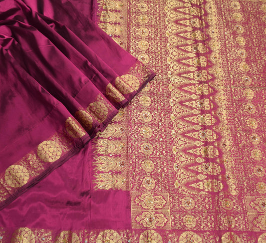 Sushila Vintage Magenta Saree Pure Silk Gold Zari Brocade 6Yard Sari Fabric