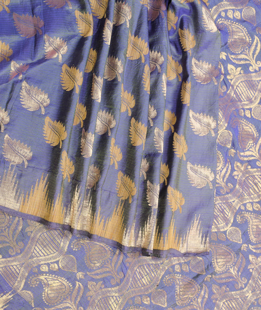 Sushila Vintage Blue Saree Leaves Zari Woven Pure Silk Sari Craft Fabric