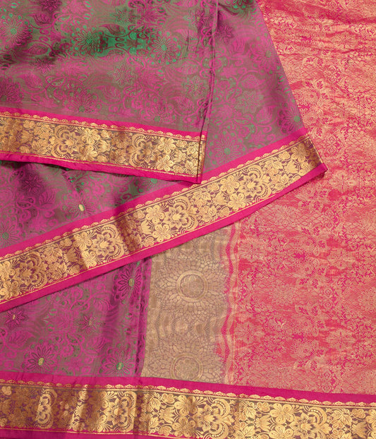 Sushila Vintage Banarasi Brocade Saree Magenta Green Pure Silk Soft Sari Fabric