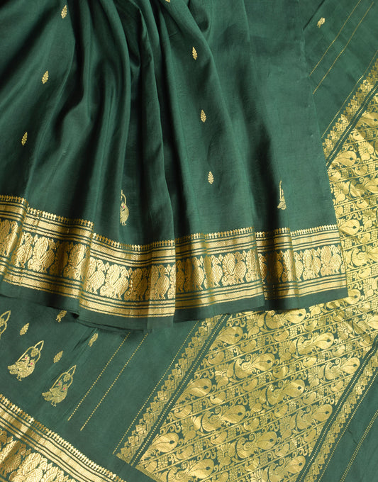 Sushila Vintage Dark Green Kanjivaram Saree Pure Silk Peacock Brocade Sari Fabric
