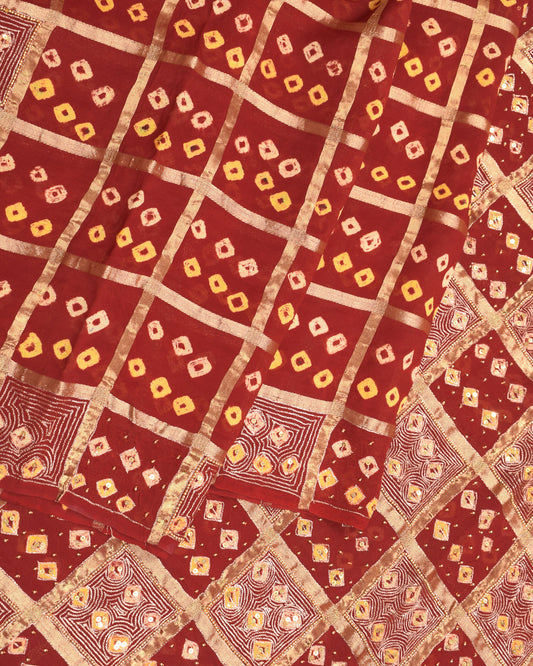 Sushila Vintage HEAVY Gharchola Saree Pure Silk Aari Work Red Wedding Sari Fabric