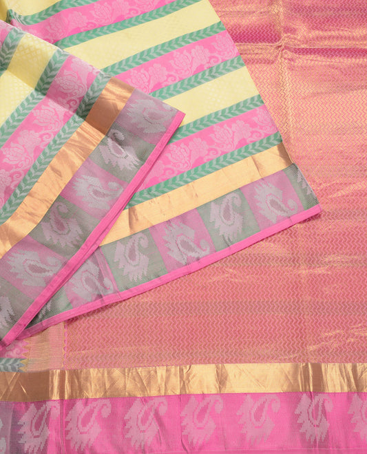 Sushila Vintage Multicolour Kanchipuram Saree Woven Brocade Pure Silk Sari Fabric