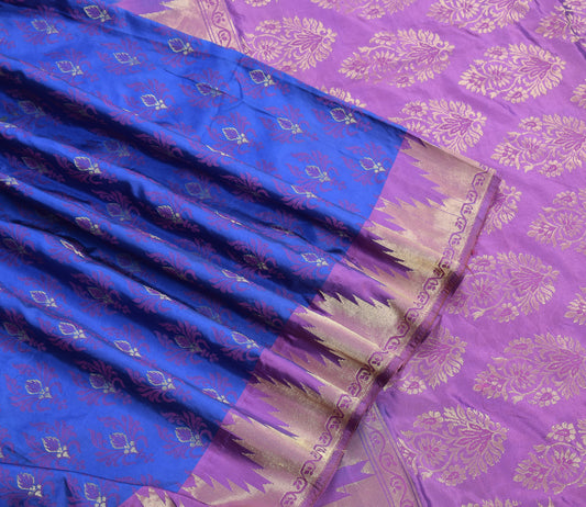Sushila Vintage Blue Hand Woven Saree Purple Border Pallu Pure Silk Brocade Sari Fabric