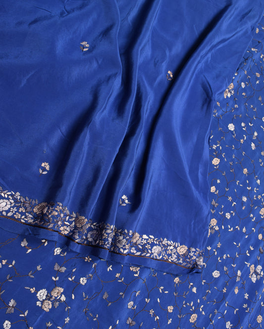 Sushila Vintage HEAVY Blue  Saree Hand Embroidered Pure Crepe Silk Soft Sari Fabric