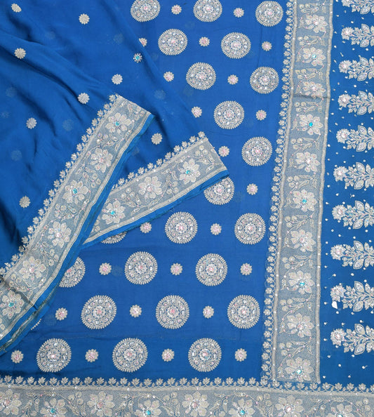 Sushila Vintage HEAVY Turquoise Saree Pure Banarasi Georgette Brocade Sari Fabric