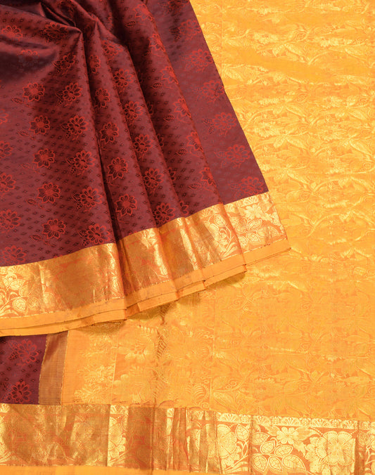 Sushila Vintage Pure Kanchipuram Silk Saree Maroon Gold Brocade Sari Fabric