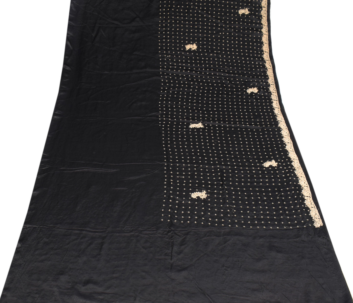 Sushila Vintage HEAVY Black Saree Pure Satin Silk Zardozi Work Sari Craft Fabric