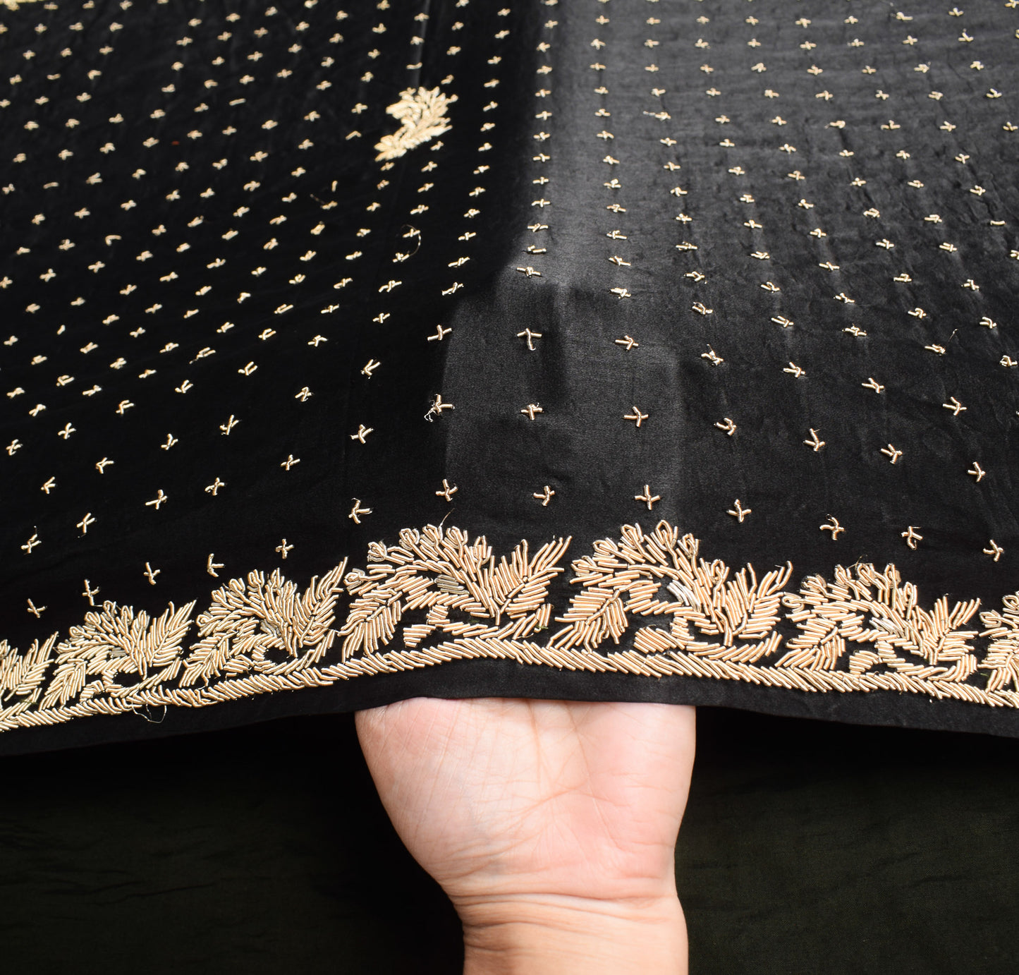 Sushila Vintage HEAVY Black Saree Pure Satin Silk Zardozi Work Sari Craft Fabric