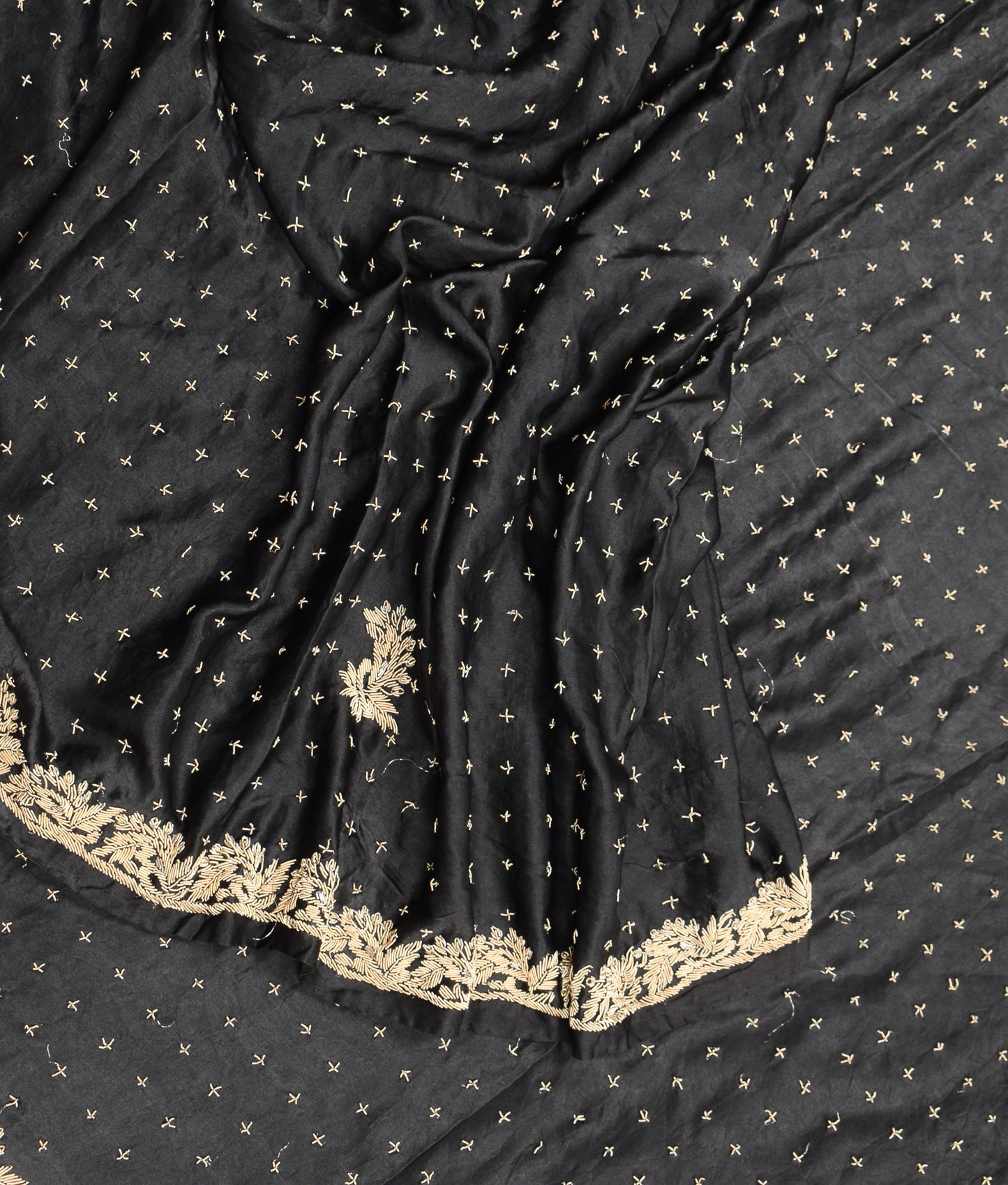 Sushila Vintage HEAVY Black Saree Pure Satin Silk Zardozi Work Sari Craft Fabric