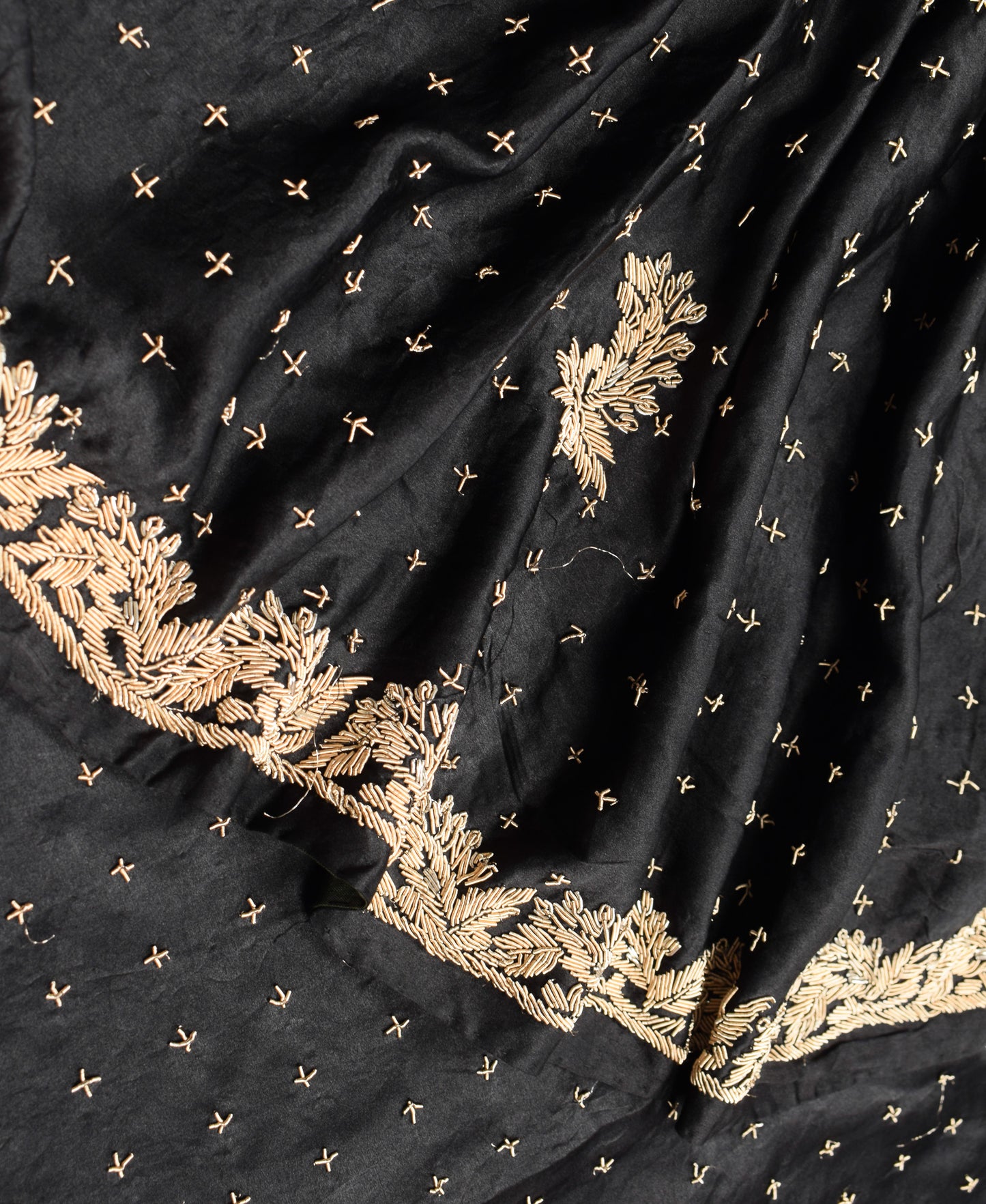 Sushila Vintage HEAVY Black Saree Pure Satin Silk Zardozi Work Sari Craft Fabric