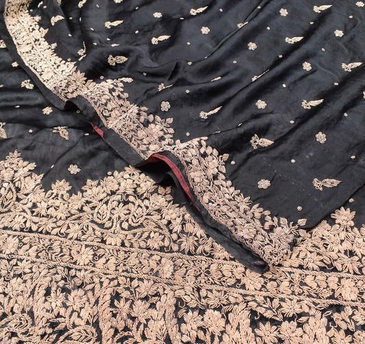 Sushila Vintage HEAVY Zardozi Work Saree Black Pure Satin Silk Sari Craft Fabric