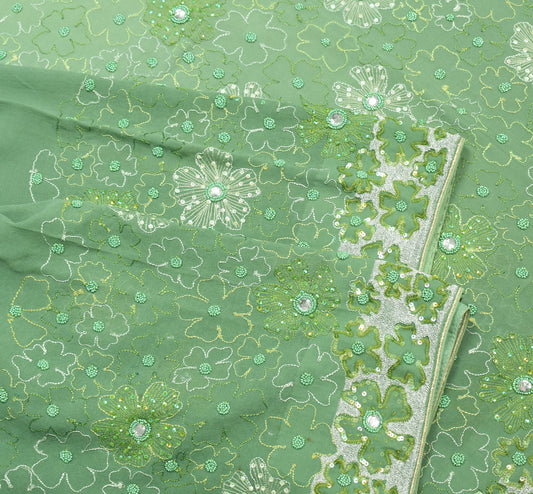 Sushila Vintage HEAVY Green Saree Sequins Zari Embroidered Pure Georgette Sari Fabric