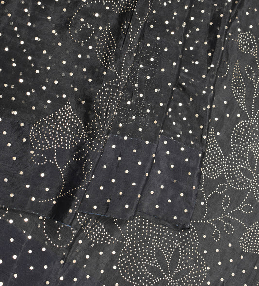 Sushila Vintage Handmade Mukesh Work Sari Black Pure Crepe Saree Craft Fabric