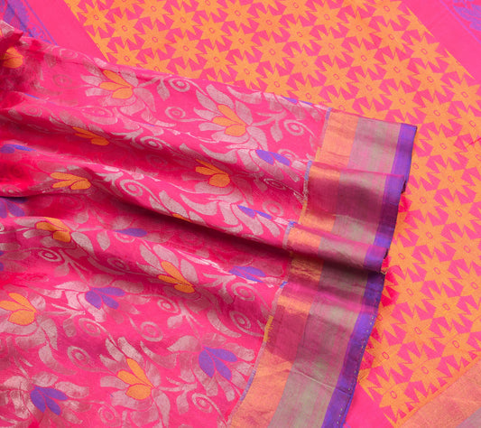 Sushila Vintage Pure Handloom Silk Saree Magenta Jamdani Sari Craft Fabric