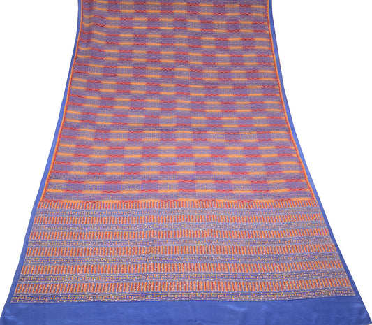 Sushila Vintage HEAVY Blue Saree Hand Embroidered Kantha Pure Crepe Sari Fabric