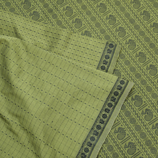 Sushila Vintage Green Handloom Saree Pure Cotton Silk Peacock Woven Sari Craft Fabric