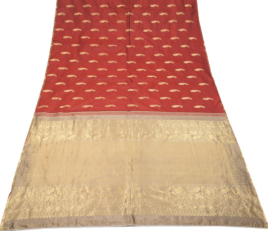 Sushila Vintage Maroon Beige Saree Pure Silk Zari Brocade Paisley Sari 6YD Fabric