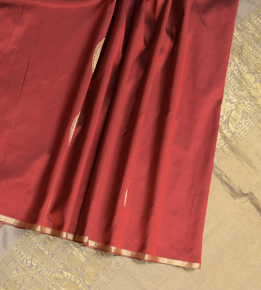 Sushila Vintage Maroon Beige Saree Pure Silk Zari Brocade Paisley Sari 6YD Fabric