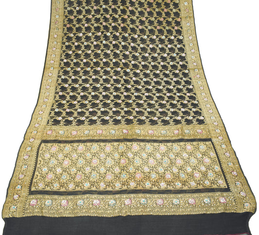 Sushila Vintage Pure Banarasi Georgette Saree Black Gold Zari Meenkari HEAVY Sari
