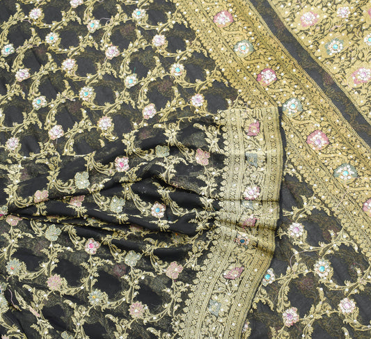 Sushila Vintage Pure Banarasi Georgette Saree Black Gold Zari Meenkari HEAVY Sari