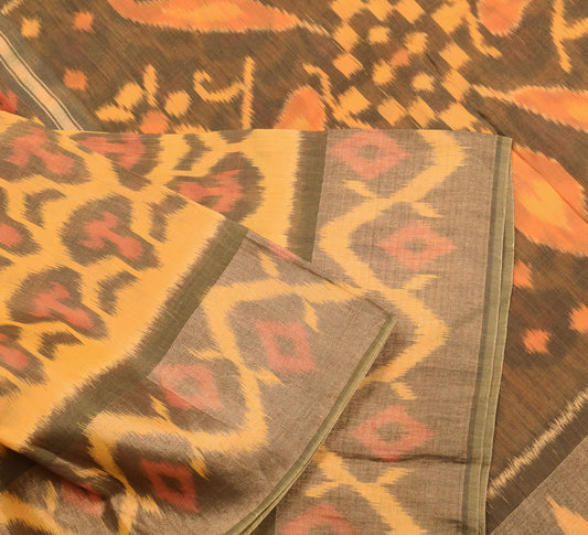 Sushila Vintage Black Orange Saree Pochampally Ikat Pure Cotton Silk Sari Fabric