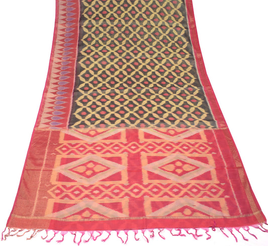 Sushila Vintage Black Saree Hand Woven Ikat Pure Cotton Silk Pochampally Sari Fabric