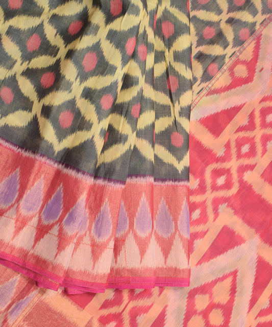 Sushila Vintage Black Saree Hand Woven Ikat Pure Cotton Silk Pochampally Sari Fabric