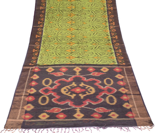 Sushila Vintage Handloom Pochampally Saree Green Ikat Pure Cotton Silk  Sari Fabric