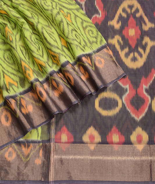 Sushila Vintage Handloom Pochampally Saree Green Ikat Pure Cotton Silk  Sari Fabric