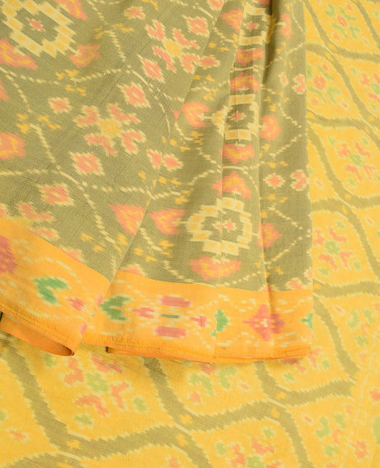 Sushila Vintage Green Saree Hand Woven Ikat Pure Silk Soft Sari Craft Fabric