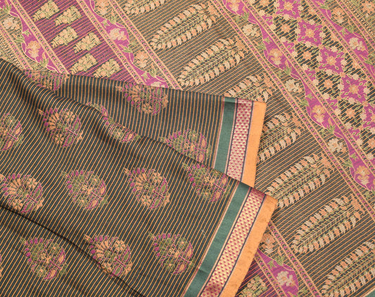 Sushila Vintage Multi-Color Saree pure Cotton Silk Stripes Printed Woven Sari Craft Fabric