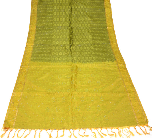 Sushila Vintage Green Yellow Saree Art Silk Floral Woven Traditional Sari Craft Fabric