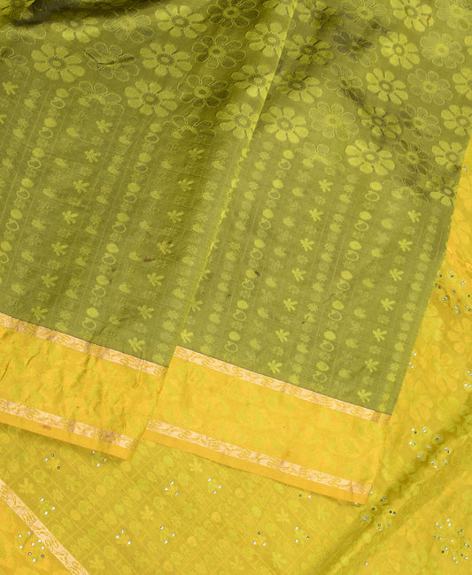 Sushila Vintage Green Yellow Saree Art Silk Floral Woven Traditional Sari Craft Fabric