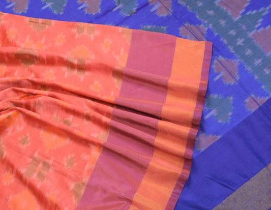 Sushila Vintage Peach Blue Saree Hand Woven Ikat Art Silk Soft Pochampally Sari Fabric