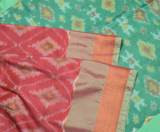 Sushila Vintage Maroon Saree Hand Woven Ikat Art Silk Pochampally Sari Fabric