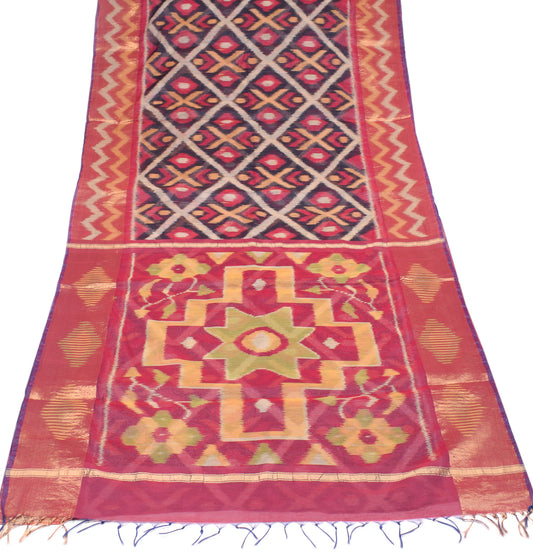 Sushila Vintage Pure Cotton Silk Saree Hand Woven Ikat Navy Sari Craft Fabric
