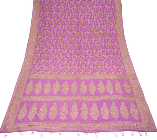 Sushila Vintage Pink Handloom Saree Woven Floral Pure Georgette Sari Fabric