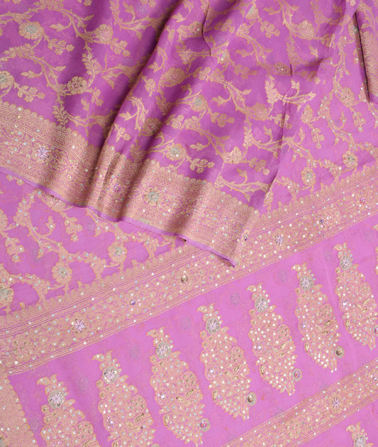 Sushila Vintage Pink Handloom Saree Woven Floral Pure Georgette Sari Fabric