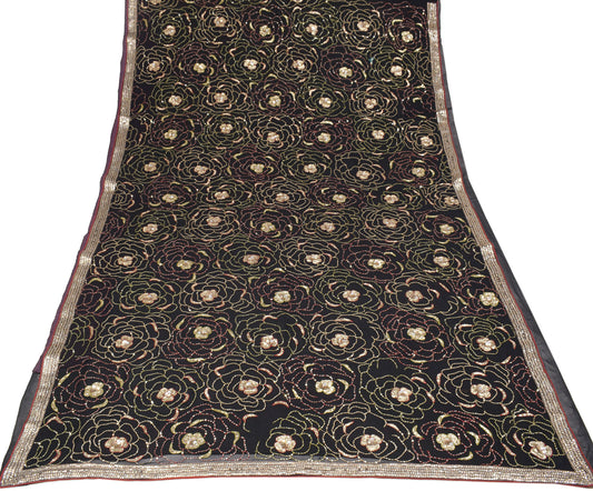 Sushila Vintage HEAVY Sequins Embellish Saree Pure Georgette Black Sari Fabric