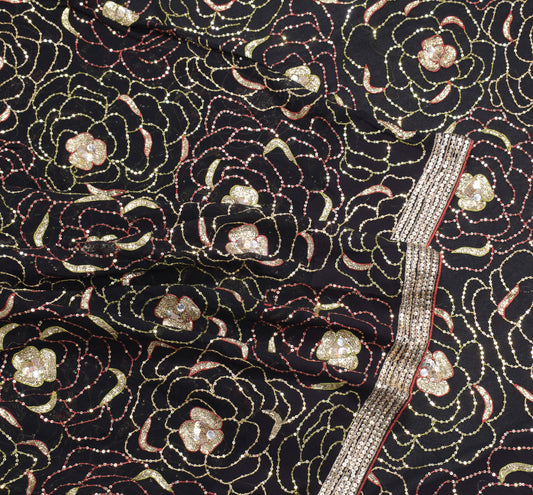 Sushila Vintage HEAVY Sequins Embellish Saree Pure Georgette Black Sari Fabric