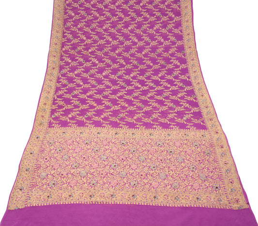 Sushila Vintage Pure Banarasi Georgette Saree Floral Woven Purple HEAVY Sari Fabric